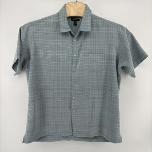 Van Heusen Mens XL Short Sleeve Button Up Shirt Blue Plaid Check Rayon Blend